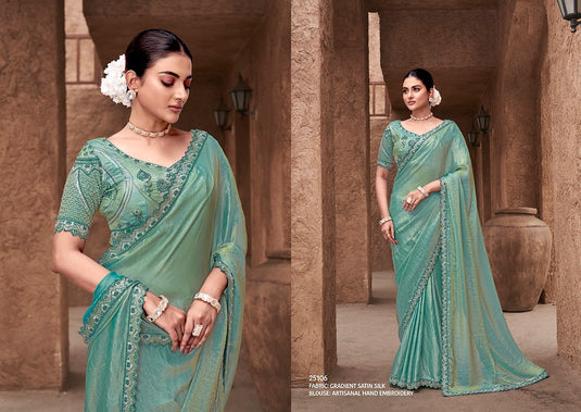 Elegant Mauve Hand Embroidery Work Gradient Satin Silk Festive Saree with Readymade Heavy Blouse