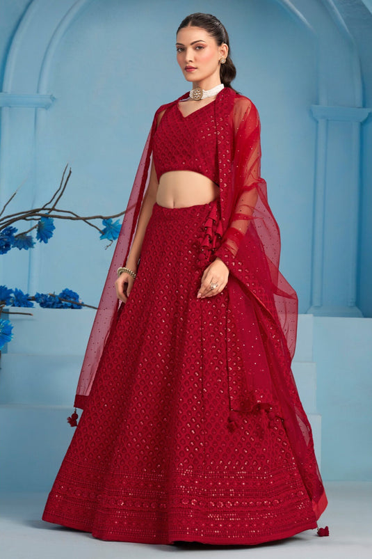 Beige Georgette Sequins & Thread Embroidered Semi Stitched Bridal Lehenga Choli