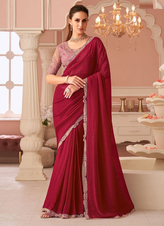 Elegant Purple Satin Shimmer Chiffon Georgette Embroidered Festive Saree For Women
