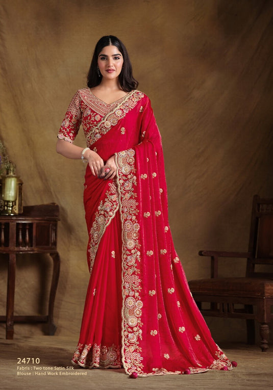 Elegant Blue Hand Embroidery Work Two Tone Satin Organza Silk Festive Saree with Belt