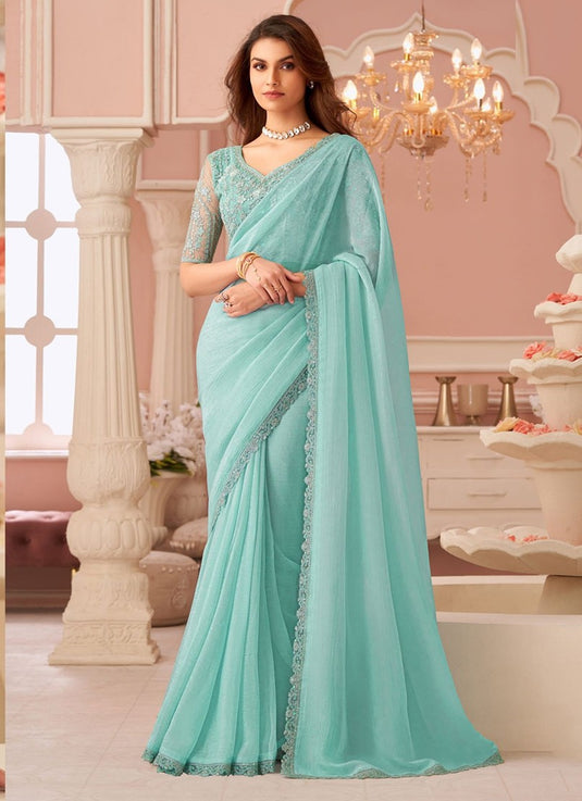 Elegant Purple Satin Shimmer Chiffon Georgette Embroidered Festive Saree For Women