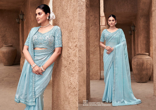 Elegant Mauve Hand Embroidery Work Gradient Satin Silk Festive Saree with Readymade Heavy Blouse