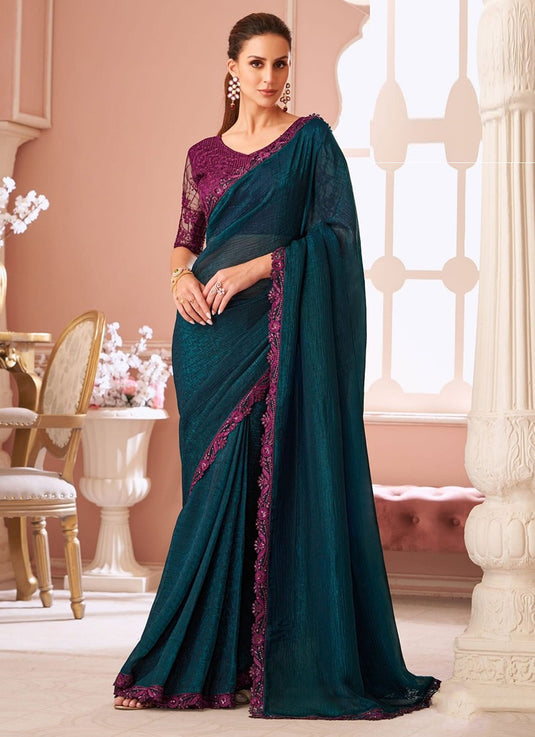 Elegant Purple Satin Shimmer Chiffon Georgette Embroidered Festive Saree For Women