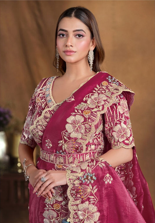 Elegant Blue Hand Embroidery Work Two Tone Satin Organza Silk Festive Saree with Belt