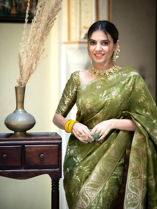 Mehendi Green Banarasi Silk Traditional Saree