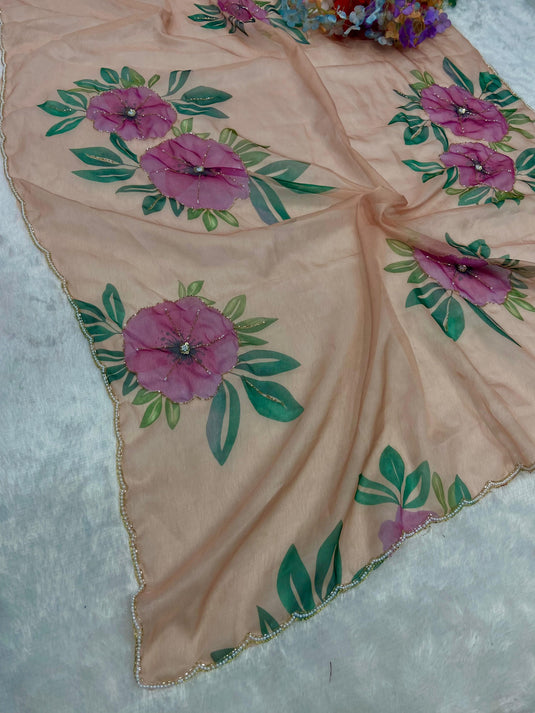 Peach Taby Organza Floral Print Hand Cutdana Work Saree