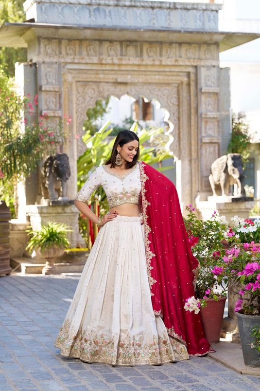 White Vichitra Silk Sequins & Thread Embroidered Semi Stitched Festive Wear Lehenga Choli