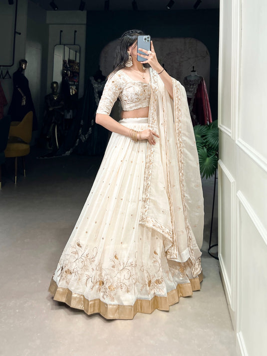 Navratri Special White Embroidered Silver Glossy Semi Stitched Lehenga Choli For Women