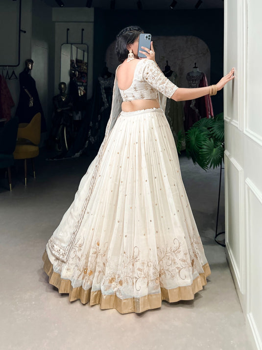 Navratri Special White Embroidered Silver Glossy Semi Stitched Lehenga Choli For Women