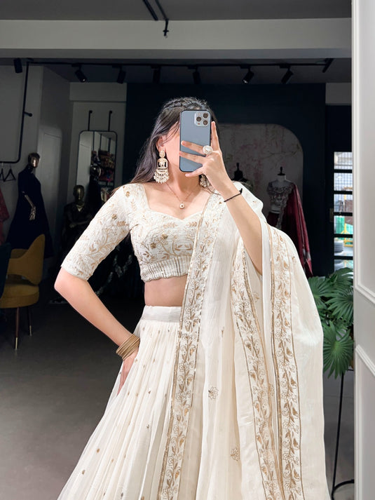 Navratri Special White Embroidered Silver Glossy Semi Stitched Lehenga Choli For Women