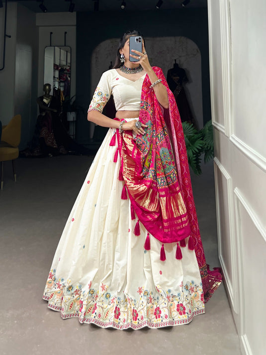 Pink Sequins & Thread Embroidered Khadi Cotton Semi Stitched Navratri Lehenga Choli For Garba Nights