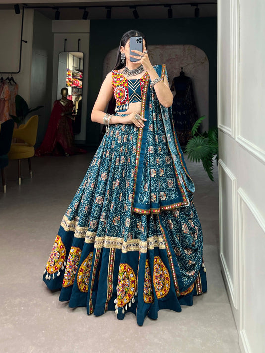 Designer Teal Blue Rayon Readymade Fully Stitched Navratri Lehenga Choli with Purse