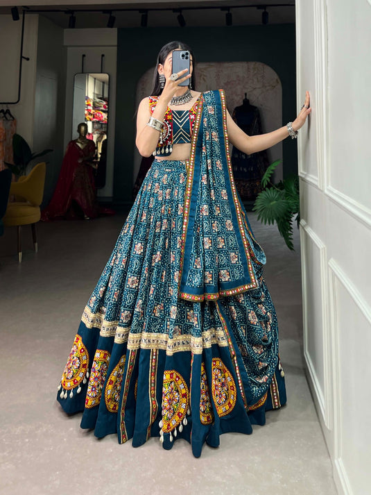 Designer Teal Blue Rayon Readymade Fully Stitched Navratri Lehenga Choli with Purse