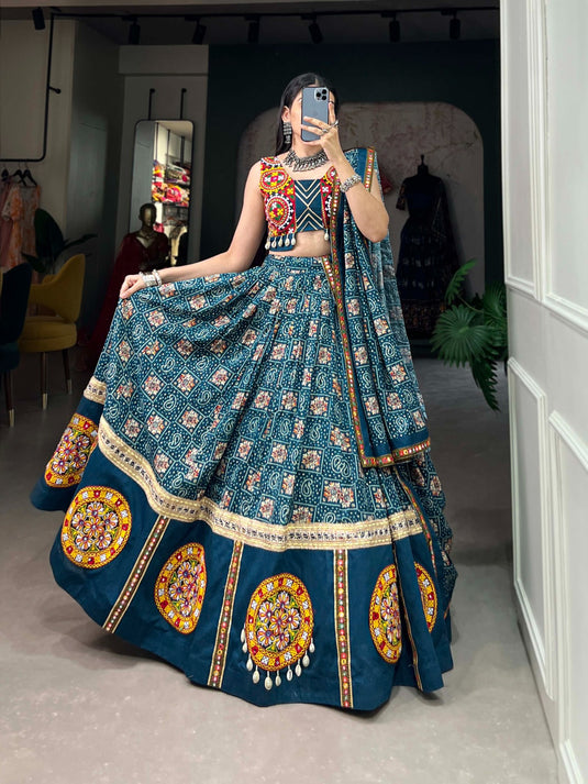Designer Teal Blue Rayon Readymade Fully Stitched Navratri Lehenga Choli with Purse