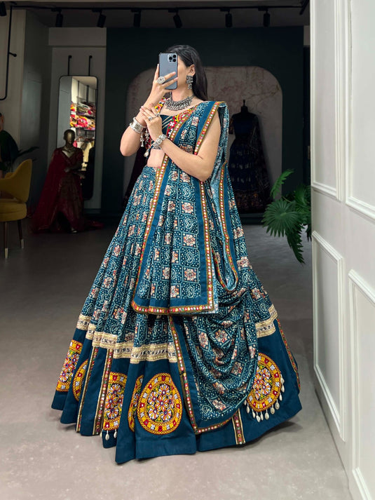 Designer Teal Blue Rayon Readymade Fully Stitched Navratri Lehenga Choli with Purse