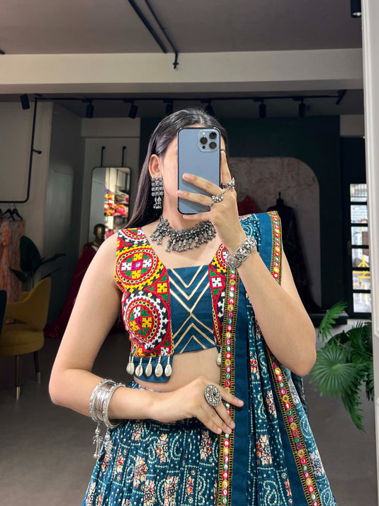 Designer Teal Blue Rayon Readymade Fully Stitched Navratri Lehenga Choli with Purse