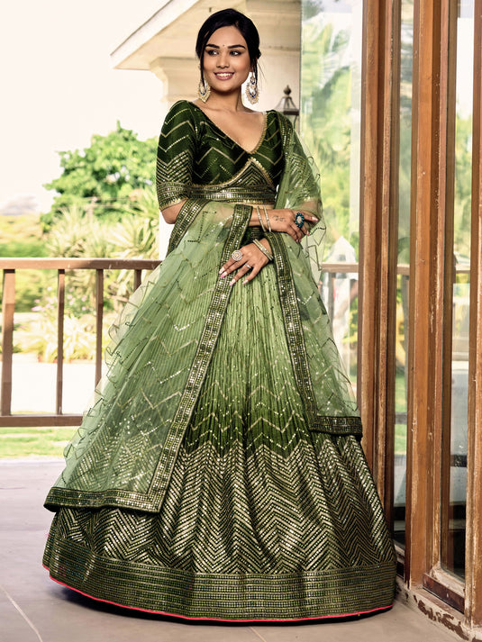 Green Art Silk Sequins Embroidered Semi Stitched Bridal Lehenga Choli