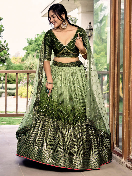 Green Art Silk Sequins Embroidered Semi Stitched Bridal Lehenga Choli