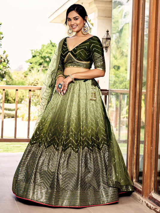 Green Art Silk Sequins Embroidered Semi Stitched Bridal Lehenga Choli