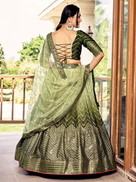 Green Art Silk Sequins Embroidered Semi Stitched Bridal Lehenga Choli