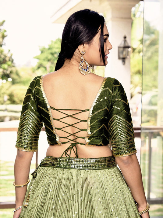 Green Art Silk Sequins Embroidered Semi Stitched Bridal Lehenga Choli