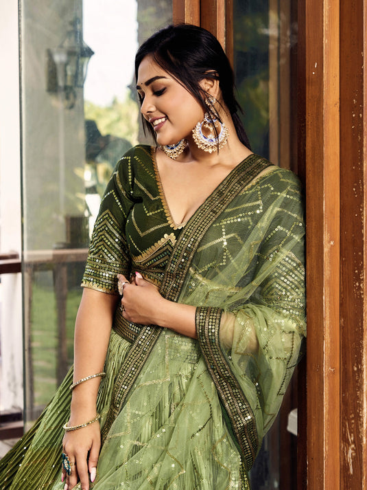 Green Art Silk Sequins Embroidered Semi Stitched Bridal Lehenga Choli