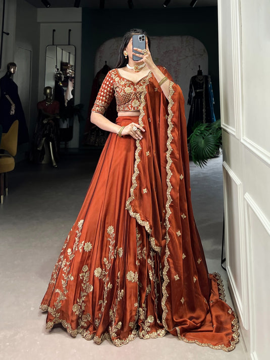 Designer Orange Sequins Embroidered Rangoli Silk Semi Stitched Bridal Lehenga Choli