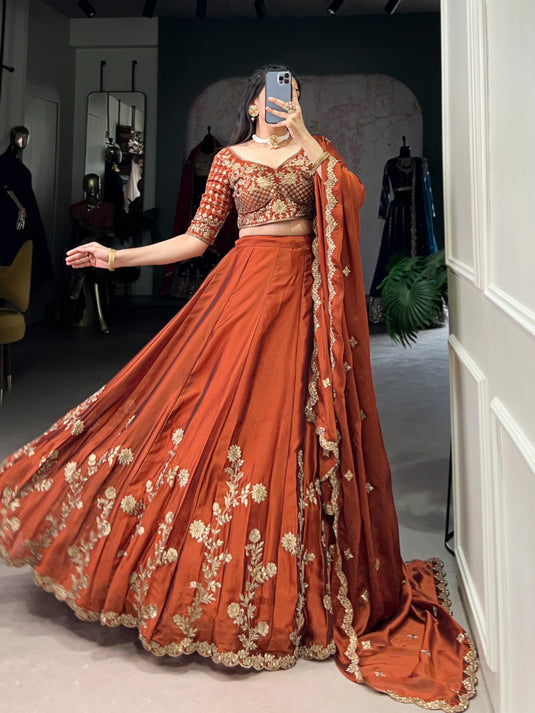 Designer Orange Sequins Embroidered Rangoli Silk Semi Stitched Bridal Lehenga Choli