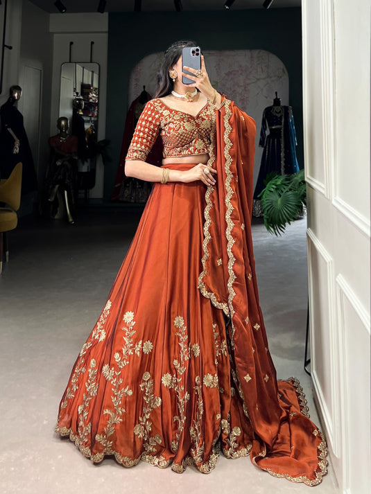 Designer Orange Sequins Embroidered Rangoli Silk Semi Stitched Bridal Lehenga Choli