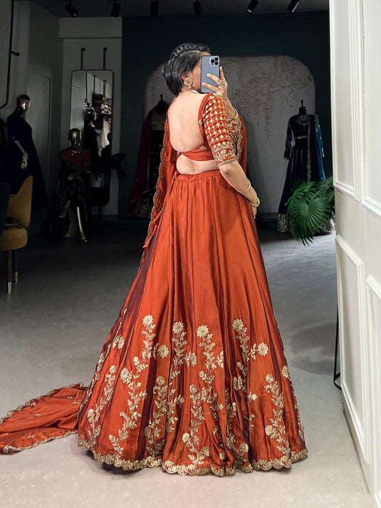 Designer Orange Sequins Embroidered Rangoli Silk Semi Stitched Bridal Lehenga Choli