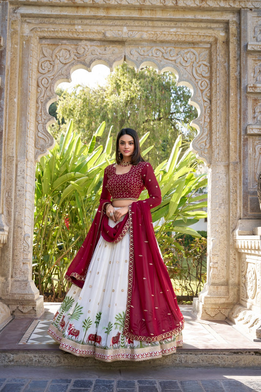 Traditional White Sequins Embroidered Georgette Semi Stitched Bridal Lehenga Choli