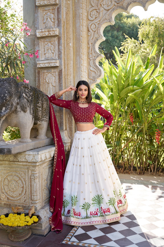Traditional White Sequins Embroidered Georgette Semi Stitched Bridal Lehenga Choli