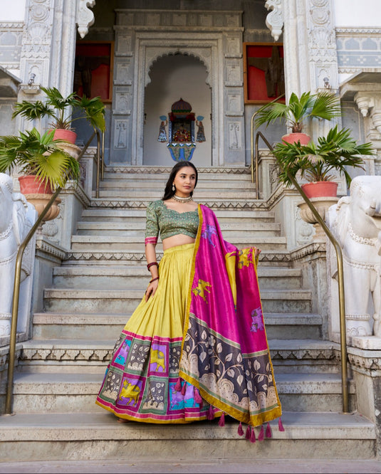 Navratri Special Lavender Kalamkari Printed Foil Work Tussar Silk Semi Stitched Lehenga Choli