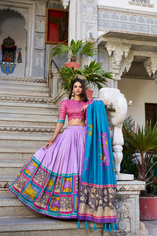 Navratri Special Lavender Kalamkari Printed Foil Work Tussar Silk Semi Stitched Lehenga Choli