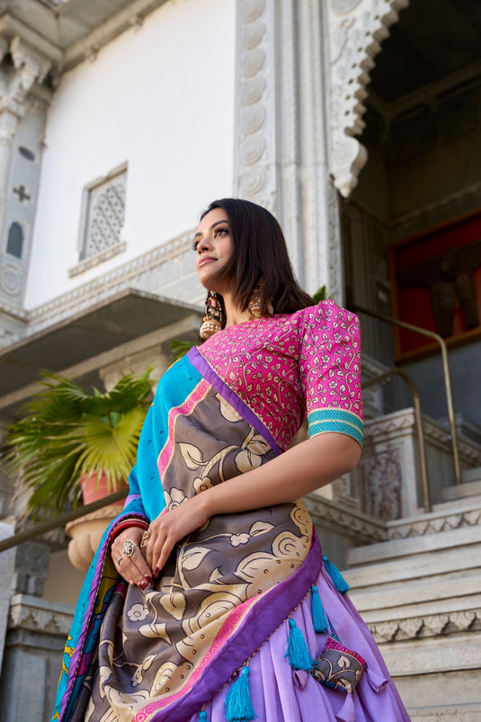 Navratri Special Lavender Kalamkari Printed Foil Work Tussar Silk Semi Stitched Lehenga Choli