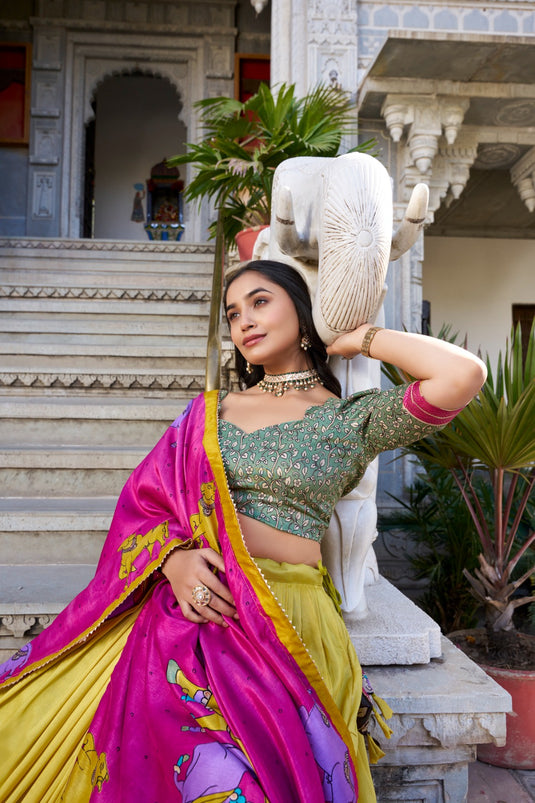 Navratri Special Lavender Kalamkari Printed Foil Work Tussar Silk Semi Stitched Lehenga Choli