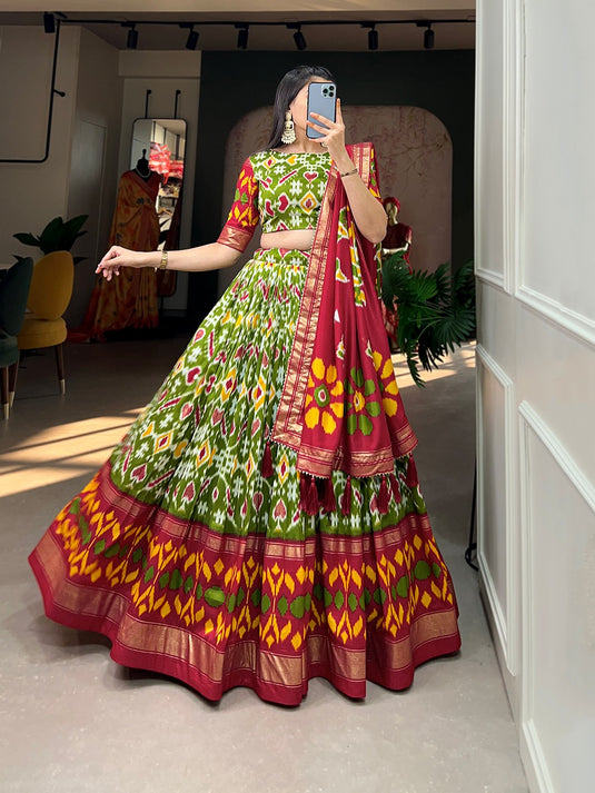 Navratri Special Green Patola Print Foil Work Tussar Silk Semi Stitched Festive Wear Lehenga Choli