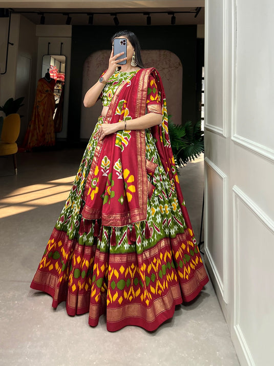 Navratri Special Green Patola Print Foil Work Tussar Silk Semi Stitched Festive Wear Lehenga Choli