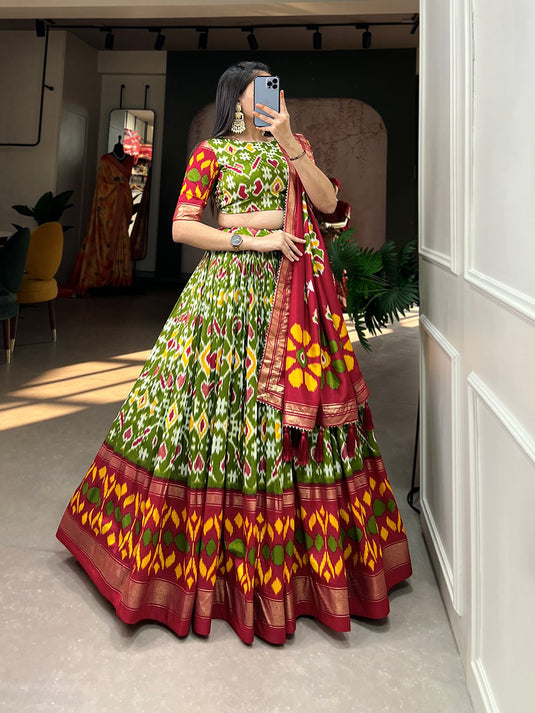 Navratri Special Green Patola Print Foil Work Tussar Silk Semi Stitched Festive Wear Lehenga Choli