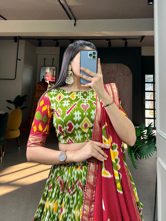 Navratri Special Green Patola Print Foil Work Tussar Silk Semi Stitched Festive Wear Lehenga Choli