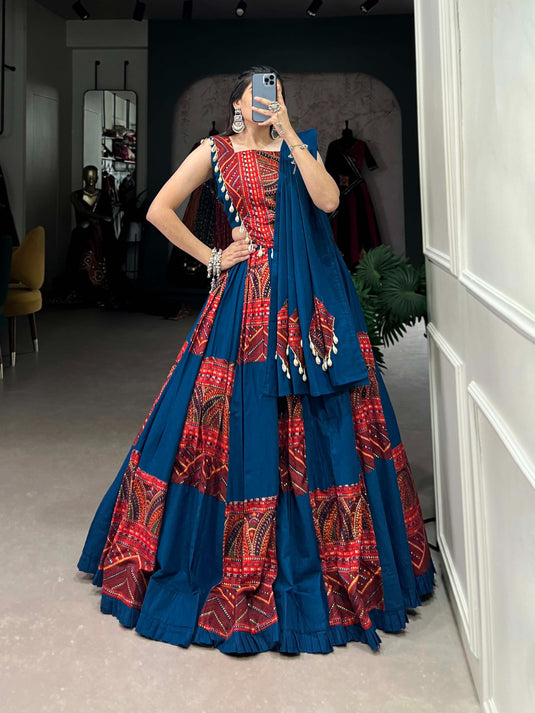 Traditional Blue & Red Printed Foil Kodi Work Cotton Readymade Fully Stitched Lehenga Choli