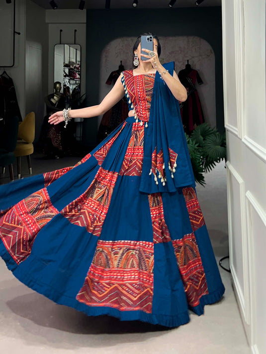 Traditional Blue & Red Printed Foil Kodi Work Cotton Readymade Fully Stitched Lehenga Choli
