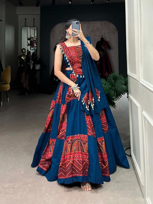 Traditional Blue & Red Printed Foil Kodi Work Cotton Readymade Fully Stitched Lehenga Choli