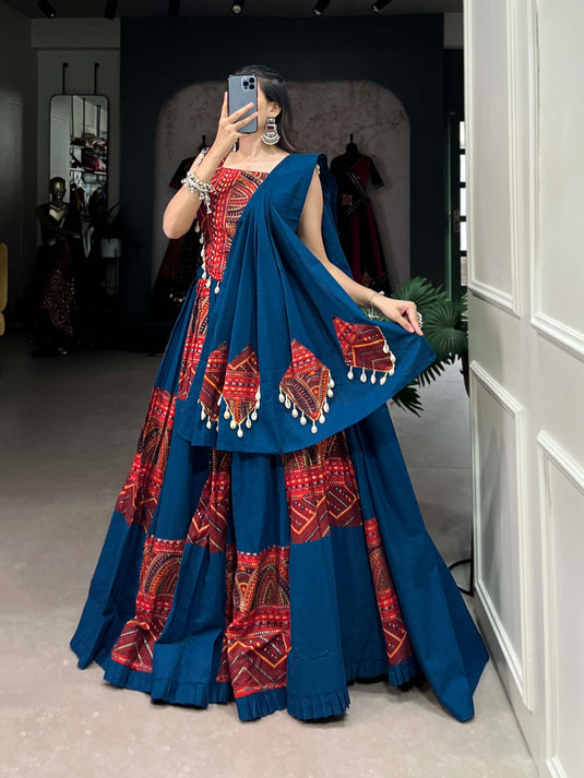 Traditional Blue & Red Printed Foil Kodi Work Cotton Readymade Fully Stitched Lehenga Choli