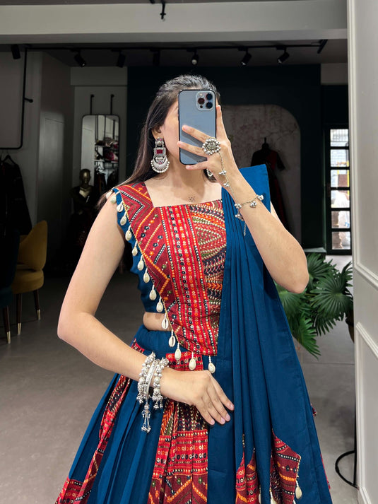 Traditional Blue & Red Printed Foil Kodi Work Cotton Readymade Fully Stitched Lehenga Choli