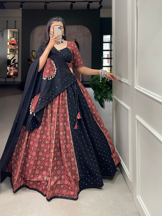 Navratri Special Red Black Ajrakh Print Cotton Readymade Fully Stitched Lehenga Choli