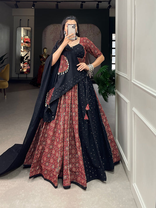 Navratri Special Red Black Ajrakh Print Cotton Readymade Fully Stitched Lehenga Choli