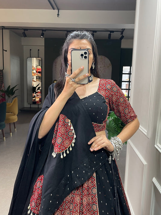 Navratri Special Red Black Ajrakh Print Cotton Readymade Fully Stitched Lehenga Choli