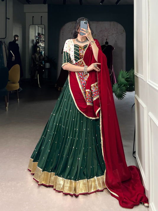 Navratri Green Sequins Gamthi Embroidered Chiffon Fully Stitched Lehenga Choli