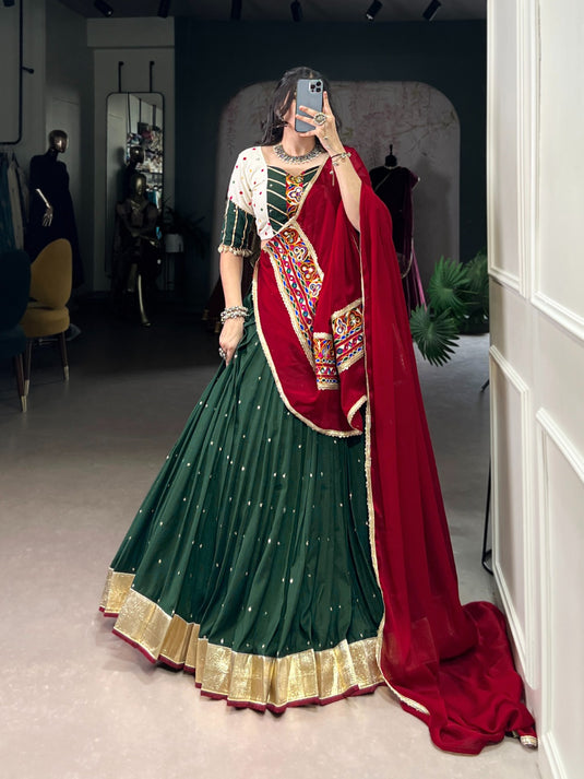Navratri Green Sequins Gamthi Embroidered Chiffon Fully Stitched Lehenga Choli
